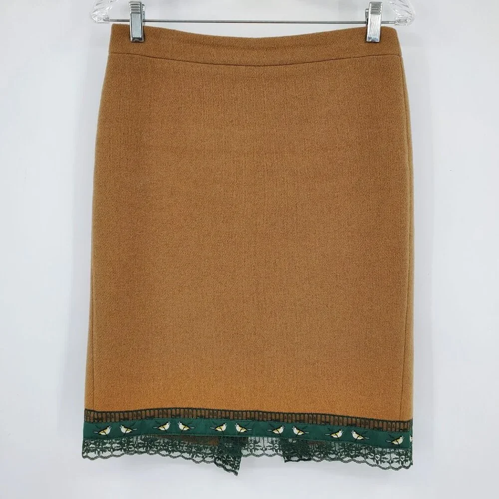 J. Crew Camel Pencil Skirt with Green Lace Trim